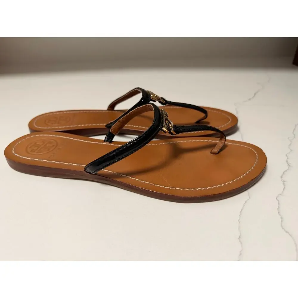 Tory Burch Black Leather Logo Thong Sandals Gold Double T Women’s 8.5